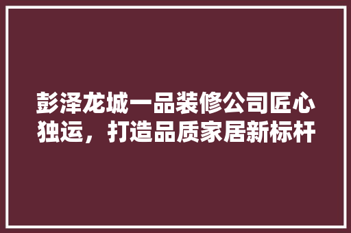 彭泽龙城一品装修公司匠心独运，打造品质家居新标杆