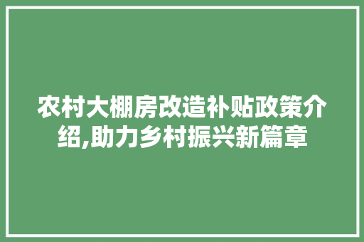 农村大棚房改造补贴政策介绍,助力乡村振兴新篇章