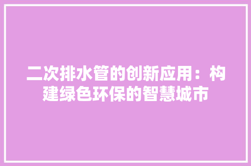 二次排水管的创新应用：构建绿色环保的智慧城市