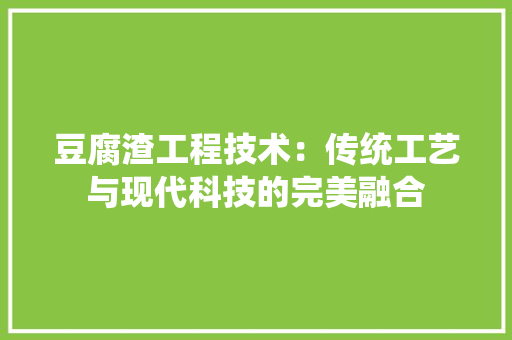 豆腐渣工程技术：传统工艺与现代科技的完美融合