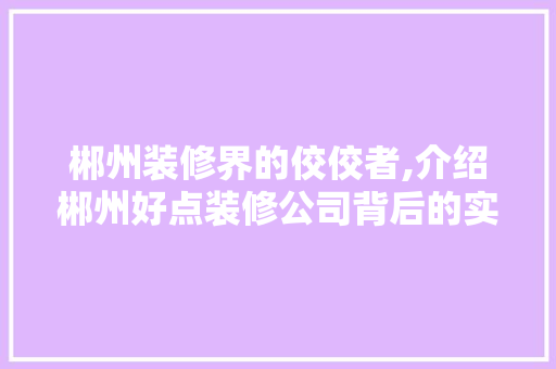 郴州装修界的佼佼者,介绍郴州好点装修公司背后的实力与魅力