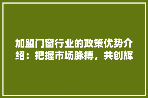 加盟门窗行业的政策优势介绍：把握市场脉搏，共创辉煌未来 家居装修